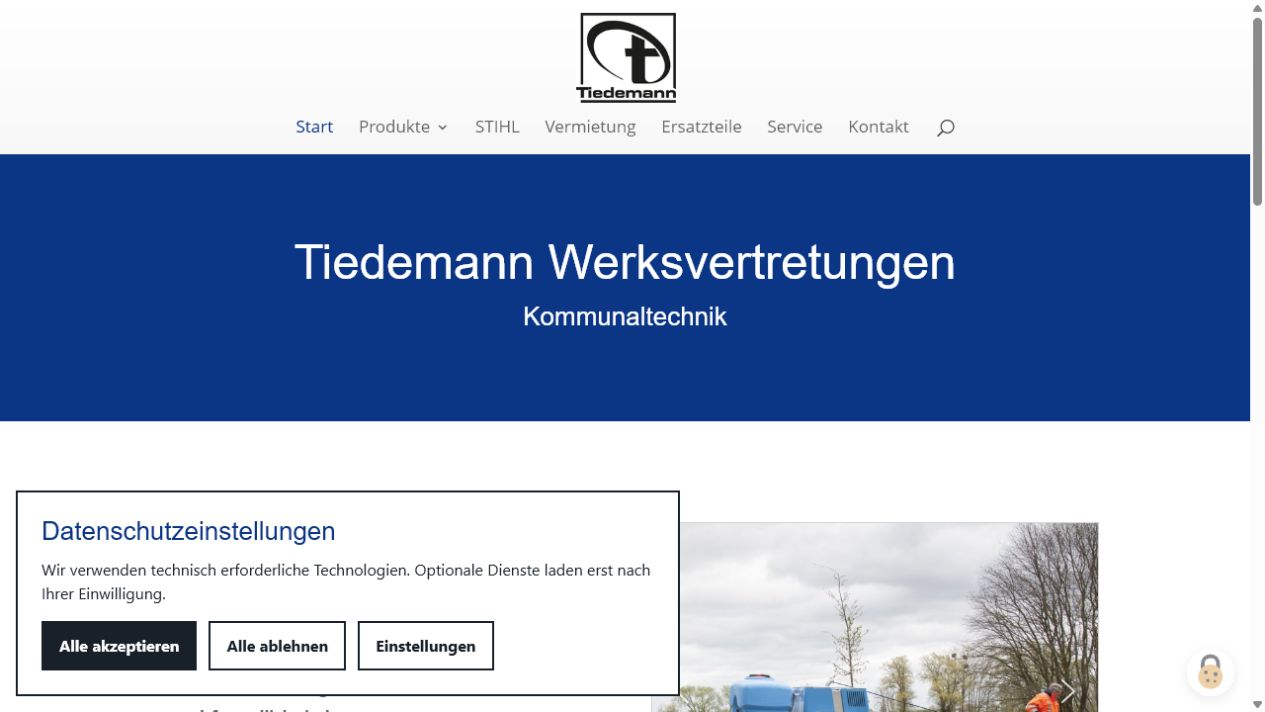Aktuelles wpkookies Consent-Banner auf einer echten WordPress-Seite mit den Schaltflächen Alle akzeptieren, Alle ablehnen und Einstellungen